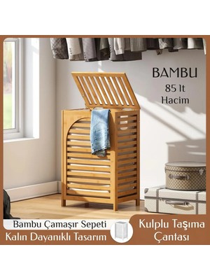 Go İthalat Kalın Ahşap Bambu Kumaş Çantalı Kirli Çamaşır Sepeti 43x33x67 cm.
