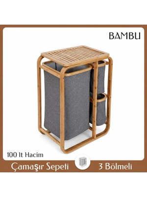 Go İthalat Kalın Ahşap Bambu 3 Bölmeli Kumaş Çantalı Kirli Çamaşır Sepeti 50x30x70 cm.