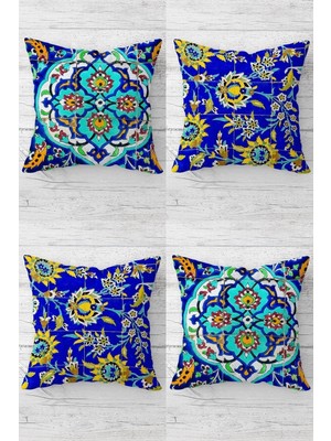 Gndz Home Pelangi Turkuvaz Etnik Desen Kombin Gizli Fermuarlı Kırlent Kılıfı Koltuk Yastık Kılıfı TAKIM(4ADET), Turkuva-Mavi 45 x 45