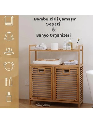 Go İthalat Kalın Ahşap Bambu 2 Katlı 2 Bölmeli Raflı Önden Çek Aç Kirli Çamaşır Sepeti Banyo Organizeri 80x33x87 cm.