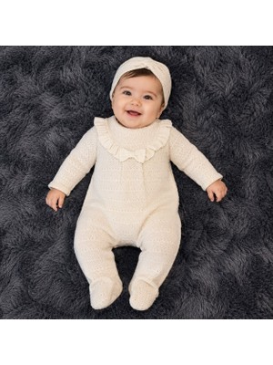 Mummys Love Kız Bebek Yaka Detaylı Tulum ve Saç Bandı - %100 Doğal Pamuk - Krem