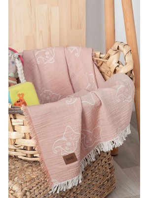 Müslin Bebek Örtüsü Pudra 100X110 cm Çift Katlı Jakarlı Fil Desenli | Nefes Alan, En Hassas C