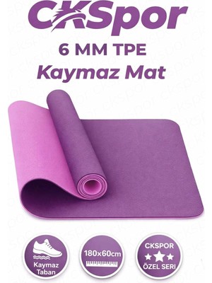 Profesyonel Tpe Yoga Matı, 6 Mm, Kaymaz Taban, Çift Katmanlı, Mor, 180X60 cm