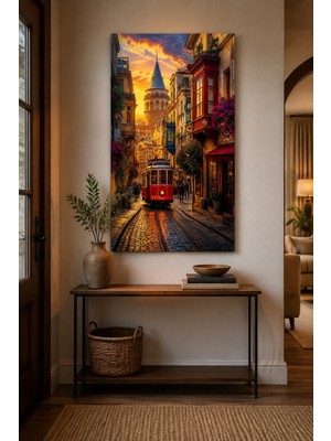 Mythog Nostaljik Istanbul Tramvaylı Baskılı Cam Tablo – Galata Kulesi Uv Baskı Duvar Tablosu