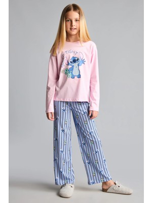 DeFacto %100 Pamuk Disney Lilo & Stitch Lisanslı Uzun Kolu Pijama Üstü Esnek Belli Uzun Pijama Altı 2'li Pijama Takımı Kız Çocuk I1875A826AU