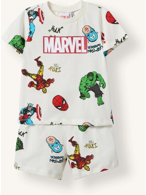DeFacto Rüzgar Geçirmez Marvel Lisanslı Comics 2'li Şortlu Ekru Pijama Takımı Erkek Bebek H8237A526HS
