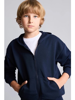 DeFacto Kapüşonlu Basic Fermuarlı Cepli Sweatshirt Hırka Erkek Çocuk E9575A826AU