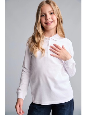 DeFacto %100 Pamuk Regular Fit Basic Pike Uzun Kollu Polo Beyaz Tişört Kız Çocuk J0010A626AU