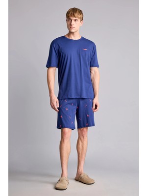 DeFacto %100 Pamuk New Regular Fit Kısa Kollu 2'li İndigo Şortlu Pijama Takımı I0686AX26HS