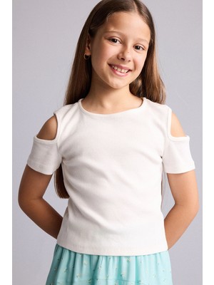 DeFacto Slim Fit Omzu Açık Fitilli Kaşkorse Kısa Kollu Tişört Kız Çocuk H7241A826SM