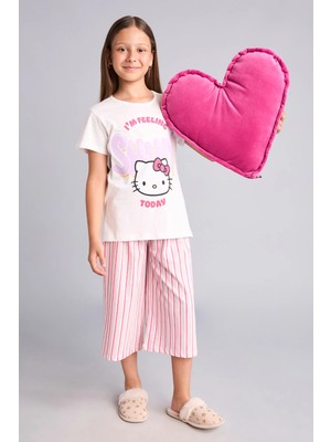 DeFacto Hello Kitty Kısa Kollu Pijama Üstü Esnek Belli Kapri Pijama Altı 2'li Pijama Takımı Kız Çocuk H2766A826SP