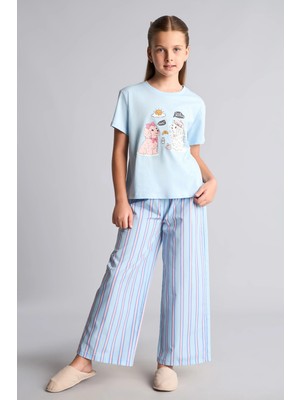 DeFacto %100 Pamuk Baskılı Kısa Kollu Üst Çizgili Geniş Paça Alt Regular Fit 2'li Pijama Takımı Kız Çocuk H5511A826WN