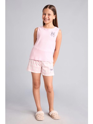 DeFacto Disney Lilo & Stitch Lisanslı Regular Fit Fitilli Şortlu 2'li Pijama Açık Pembe Takımı Kız Çocuk H8093A826HS