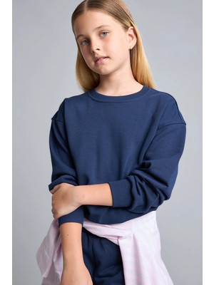 DeFacto Relax Fit Bisiklet Yaka Lacivert Sweatshirt Kız Çocuk E6842A826AU