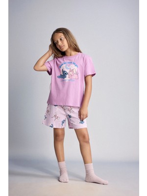 DeFacto Disney Lilo & Stitch Lisanslı Regular Fit Şortlu 2'li Pijama Açık Mor Takımı Kız Çocuk H8094A826HS