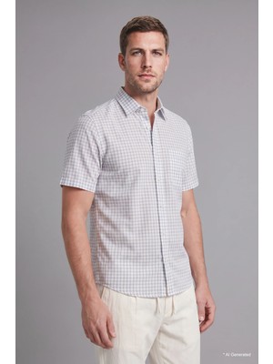 DeFacto %100 Pamuk Regular Fit Polo Yaka Çizgili Kısa Kollu İndigo Gömlek I1719AX26SM