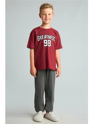 DeFacto Regular Fit 2'li Kısa Kollu Baskılı Bordo Pijama Takımı Erkek Çocuk I0552A826AU