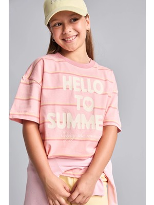 DeFacto %100 Pamuk Slim Fit Bisiklet Yaka Çizgili Kısa Kollu Açık Pembe Tişört Kız Çocuk G1142A826HS