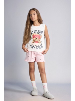 DeFacto %100 Pamuk Kolsuz Ayıcıklı Regular Fit 2'li Ekru Pijama Takımı Kız Çocuk H8112A826SM