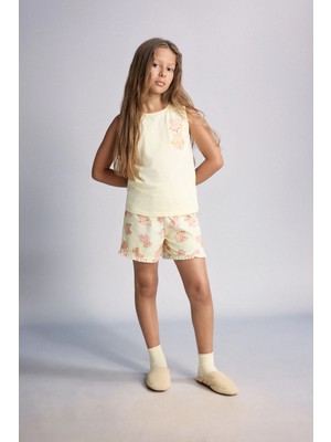 DeFacto %100 Pamuk Regular Fit Ayıcıklı 2'li Açık Sarı Pijama Takımı Kız Çocuk H8113A826SM