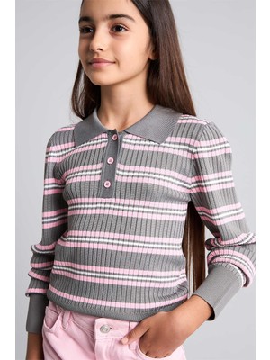 DeFacto Regular Fit Polo Yaka Çizgili Kazak Kız Çocuk I1736A826AU