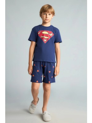 DeFacto Süperman Lisanslı Regular Fit Elastik Bel Şortlu 2'li Lacivert Pijama Takımı Erkek Çocuk H8145A826HS