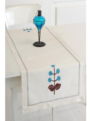 Buldan Keteni Çiçek Işlemeli Runner Turkuaz 50 x 130