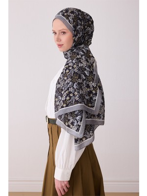 Belli Fresh Çiçek Desen Siyah Gri Sanda Şal 3114 - 13