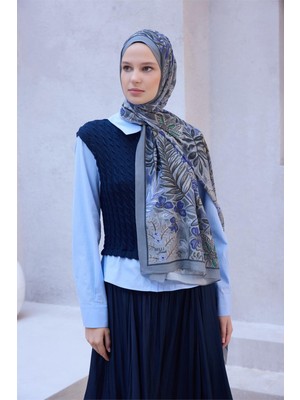 Belli Fresh Çiçek Desen Gri Mavi Lacivert Sandy Şal 1478 - 27