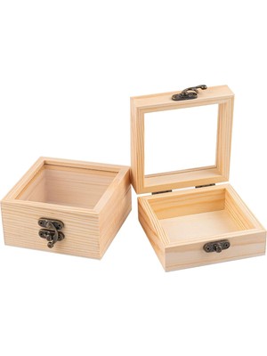 2 Paket Küçük Ahşap Kutu Menteşeli Kapaklı Bitmemiş Ahşap Takı Kutusu 3.5x3.5x1.8 Inç Boş