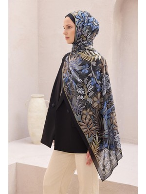 Belli Fresh Çiçek Desen Siyah Mavi Gri Sandy Şal 1478 - 23