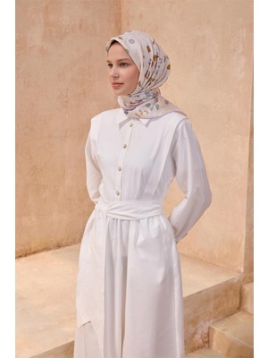 Belli Krem Çok Renkli  Obje Desen %100 Twill Ipek Eşarp 4121 - 31