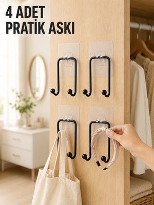 4 Adet Yapışkanlı Duvar Askısı Çok Amaçlı Pratik Askılık Seti - Lisinya