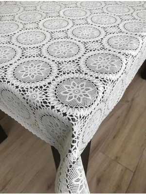 Vintage Dantel Desenli Pvc Masa Örtüsü, Şeffaf Kaplamalı, Çiçek Motifli, Krem Renk