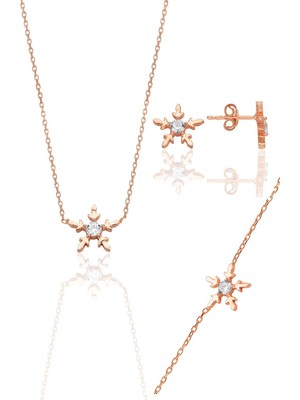 Gümüş Rose Zirkon Tek Taşlı Buz Kristali Kar Tanesi Kolye Küpe ve Bileklik Üçlü Set