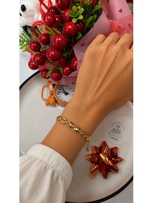 Bymiel Kadın Gold Oval Halka Zincir Tasarımlı Çelik Bileklik – Ayarlanabilir Modern Bileklik
