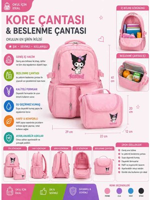 Trendol Fashion Life Kore Çantası ve Beslenme Çantası Seti Pembe Kız Çocuk Okul Çantası Labubu Desenli Sırt Çantası