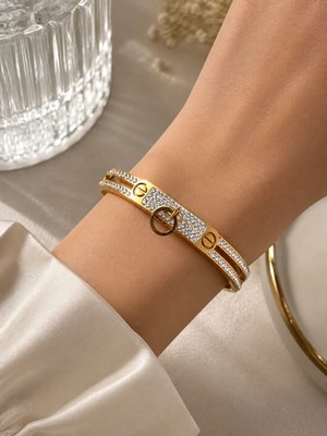 Bymiel Rose Gold Taş Detaylı Çelik Kelepçe Bileklik – Zirkon Taşlı Kadın Bileklik