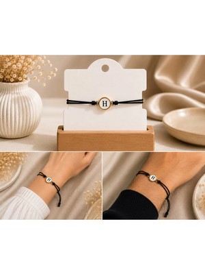 Bymiel H Harfli Siyah Ipli Ayarlanabilir Bileklik Gold Renk Yuvarlak Harf Detaylı Unisex Model