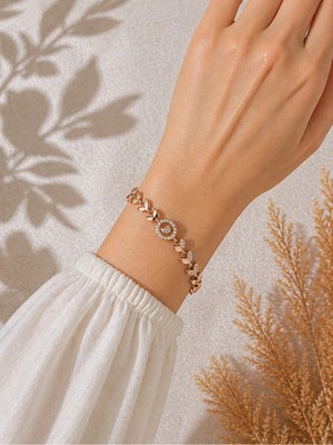 Bymiel Kadın Zirkon Taşlı Rose Gold Renk Yaprak Desenli Çelik Bileklik Ayarlanabilir