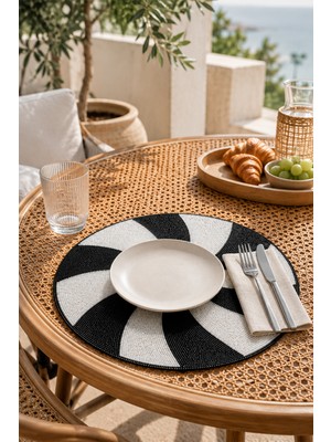 Evien Home Boncuk Işlemeli Amerikan Servis 2'li Set Yuvarlak Supla 36X36 cm Siyah Beyaz
