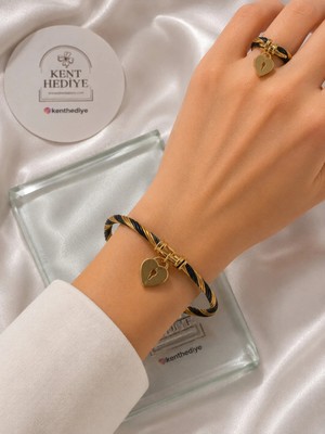 Bymiel Gold Siyah Burgu Çelik Bileklik ve Yüzük Seti – Kalp Charm Detaylı Unisex Takı Seti