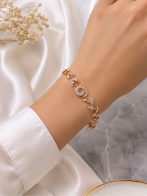 Bymiel Zirkon Taş Detaylı Rose Gold Renk Çelik Bileklik – Yaprak Desenli Kadın Bileklik