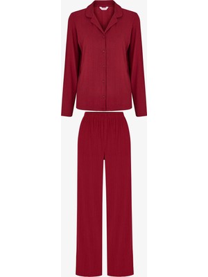 Penti Bordo Lana Fitilli Uzun Kollu Gömlek Pantolon Pijama Takımı