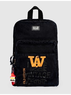 Cabani Siyah Vintage Baskılı Keten Unisex Sırt Çantası