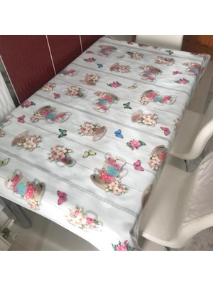 Floral Desenli Masa Örtüsü, Beyaz Zemin Üzerine Kelebek ve Çiçek Motifli, Su Geçirmez Pvc, 14
