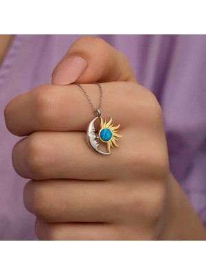 Hazego Gümüş Opal Mavi Taşlı Ay Güneş Kadın Kolye