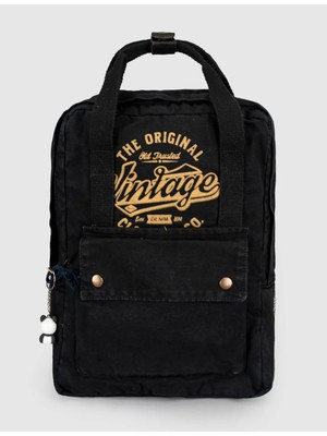 Cabani Siyah Baskılı Keten Unisex Sırt Çantası