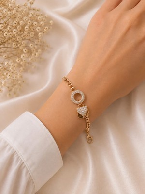 Bymiel Rose Gold Renk Kalp Figürlü Zirkon Taşlı Çelik Bileklik – Kadın Zincir Bileklik