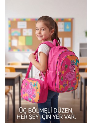 Liarca Flamingo Desenli Beslenme Çantalı Ilkokul ve Anaokulu Sırt Çantası Seti Ergonomik Çocuk Okul Çantası